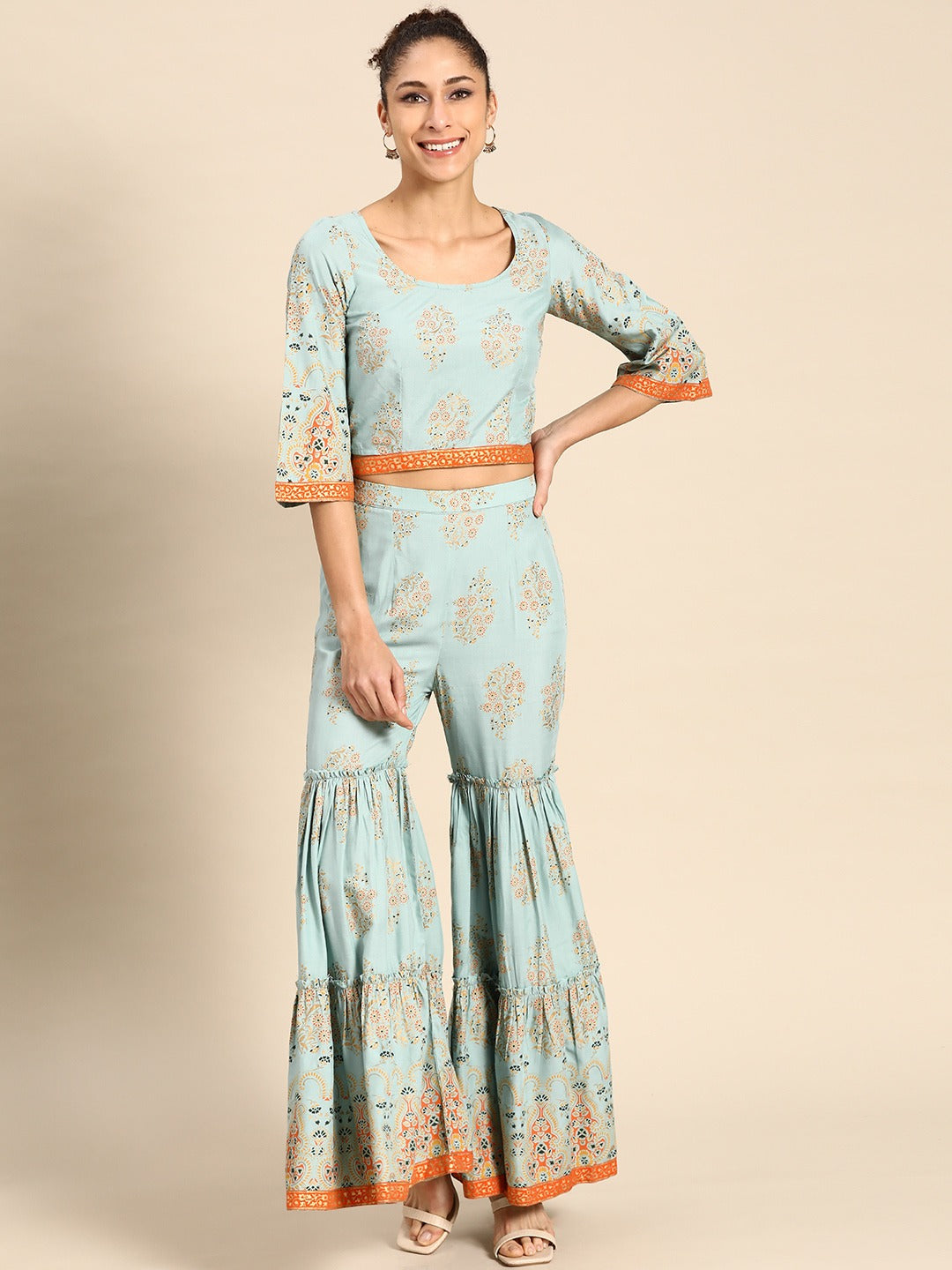 Floral Embroidered Peplum Top with Flared Sharara Pants
